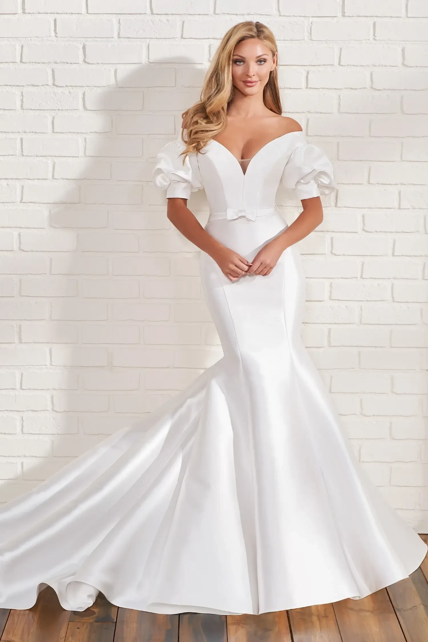 model is wearing a sleek mermaid bridal gown