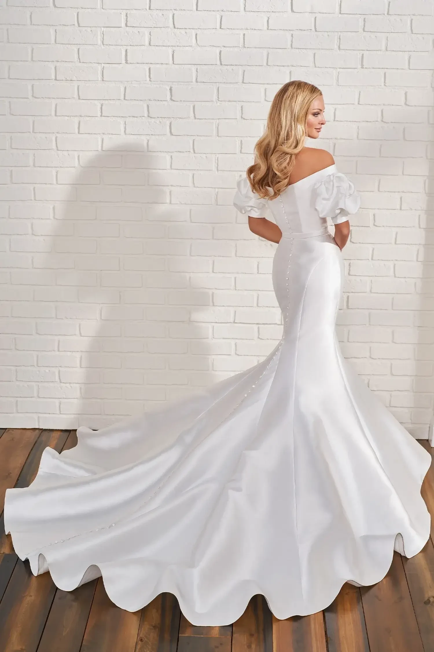 model is wearing a sleek mermaid bridal gown