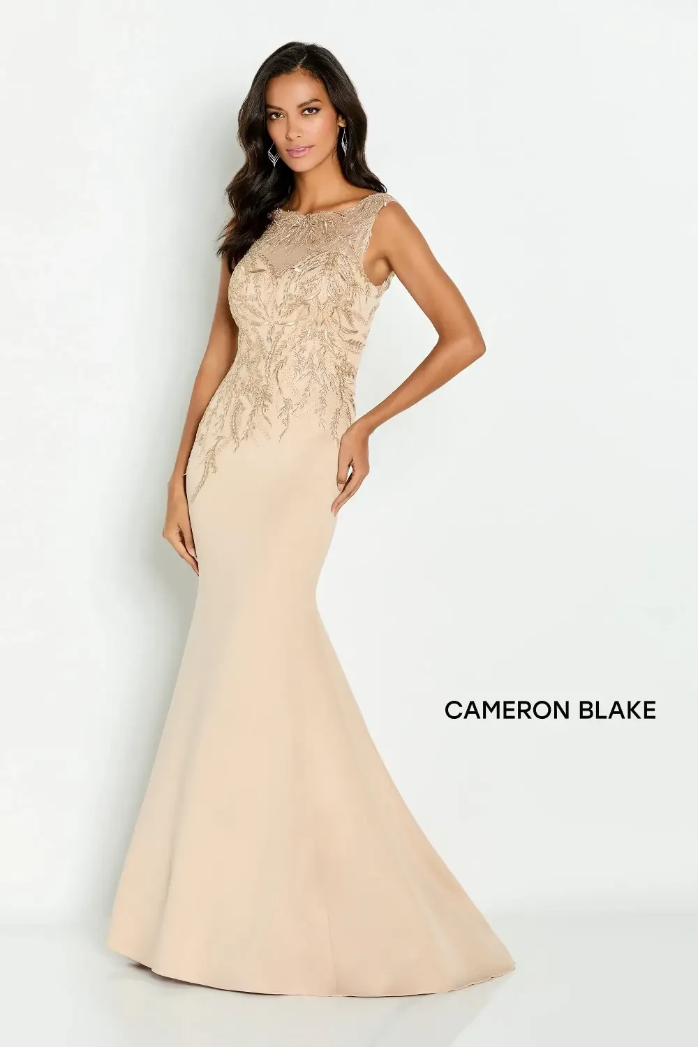 model is wearing a sleeveless neutral mothers gown