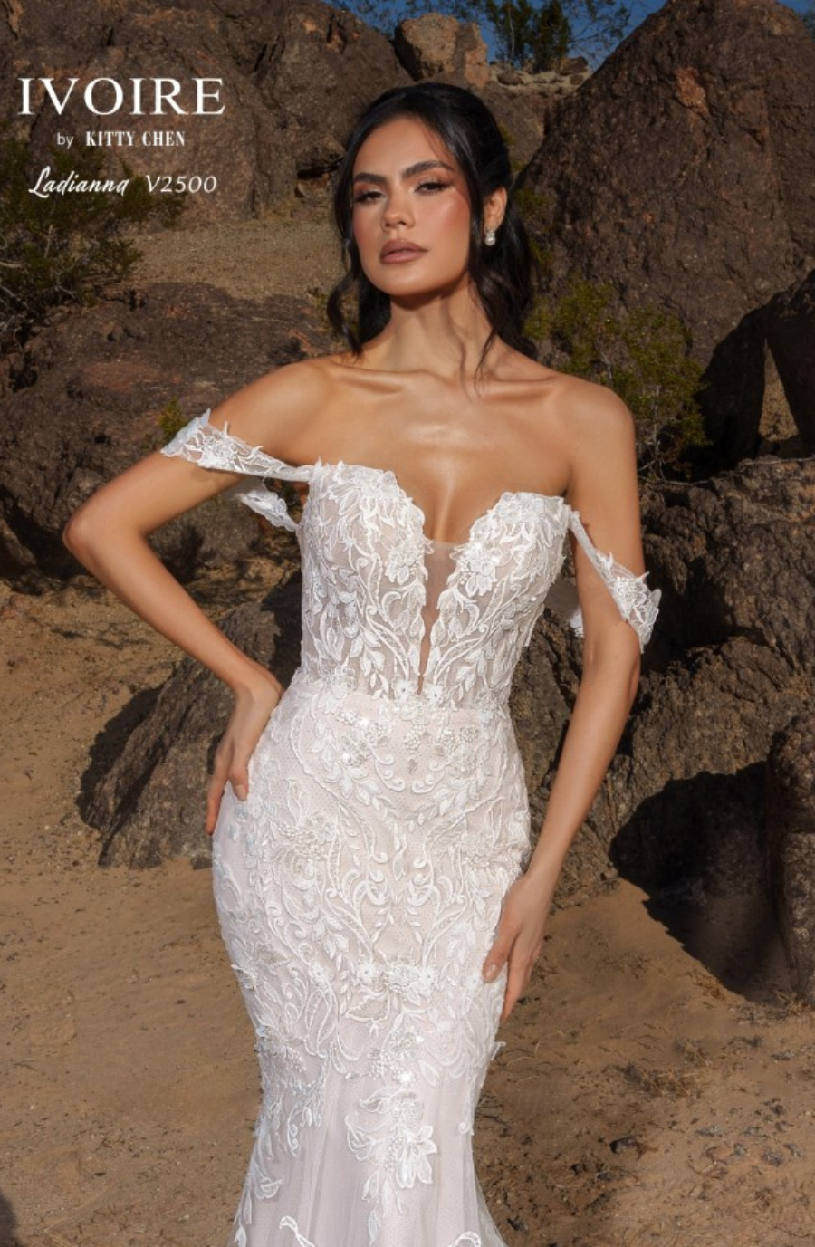 model is wearing a romantic lace off the shoulder wedding dress
